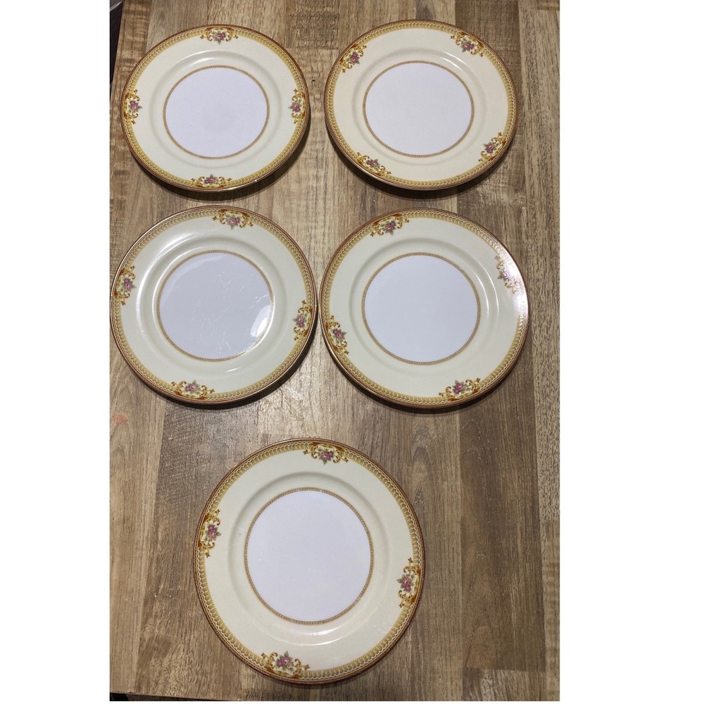Vintage Meito China Floral Scroll Plates 7.5 in Rose Gold Trim Set of 5 Japan 2